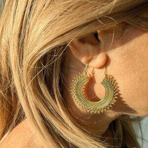 Statement Textured Rustic Lightweight Brass Hoops with Detailed Etching